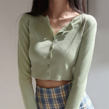 Load image into Gallery viewer, Korean Style O-neck Short Knitted Sweaters Women Thin Cardigan Fashion Sleeve Sun Protection Crop Top Ropa Mujer